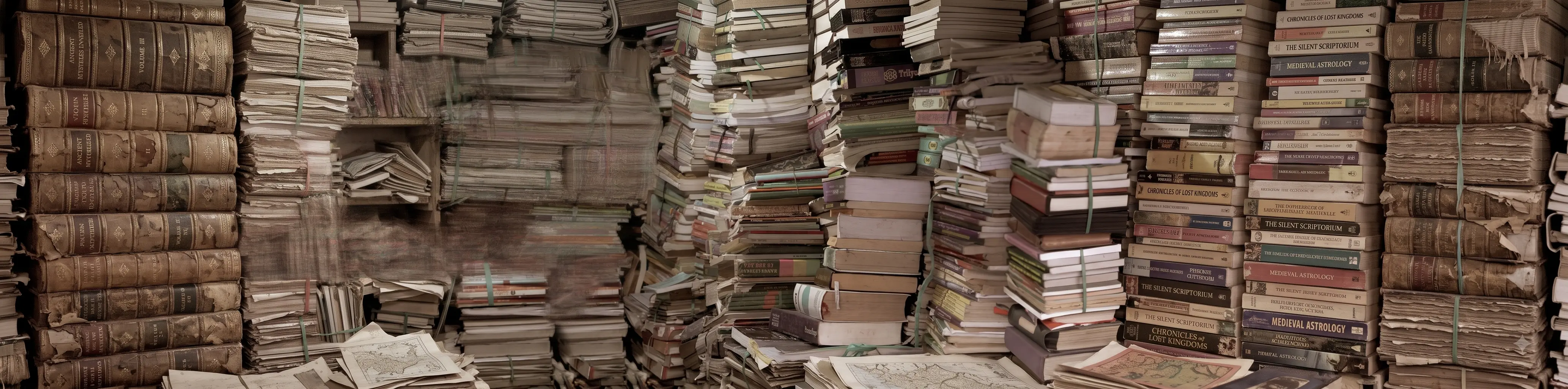 A tall, haphazard stack of aged paper, ledgers, and unbound books